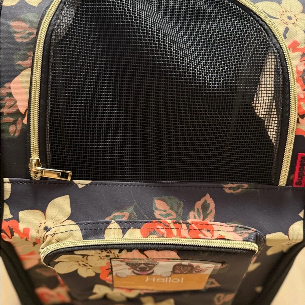 Floral Pet Carrier with Black and Red Accents